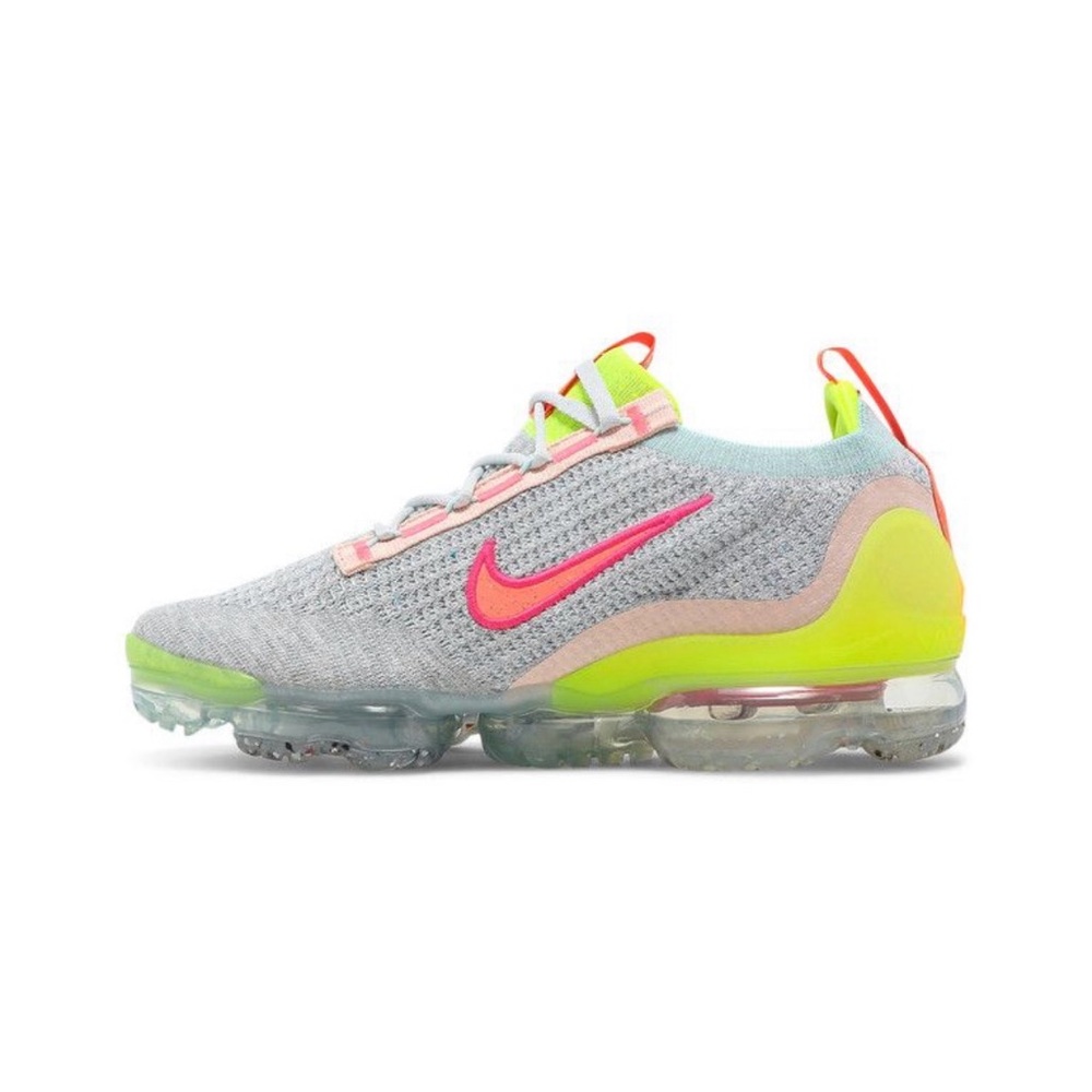 Nike VaporMax Flyknit Low Silver with Pink and Neon Yellow Accents